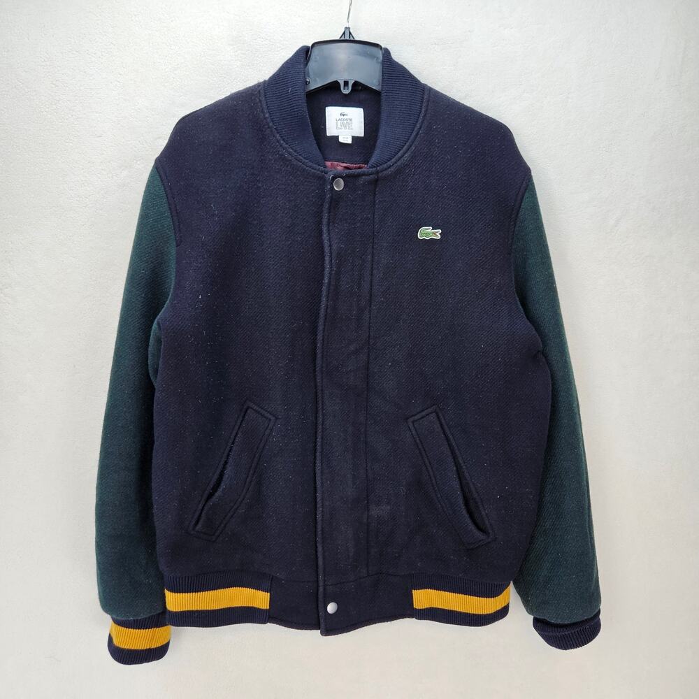 LACOSTE LIVE MEN'S MEDIUM 50 NAVY BLUE GREEN BOMBER VARSITY WOOL BLEND JACKET
